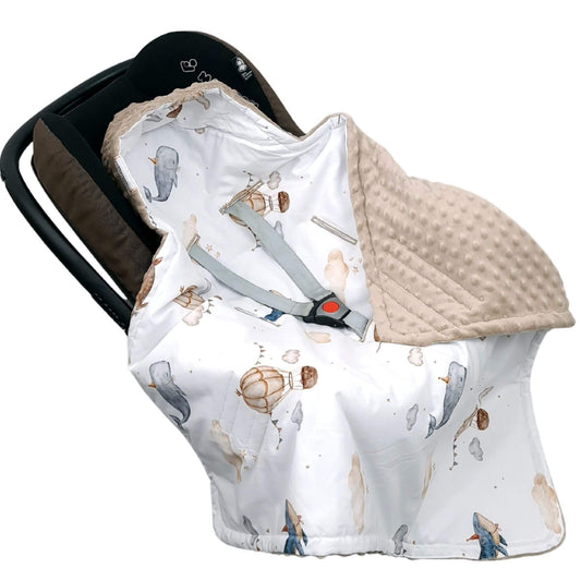Evcushy Retro Bunny Car Seat Blanket secured with 3-point harness for newborn safety BEGE TOUPE COLOUR WITH WHALES