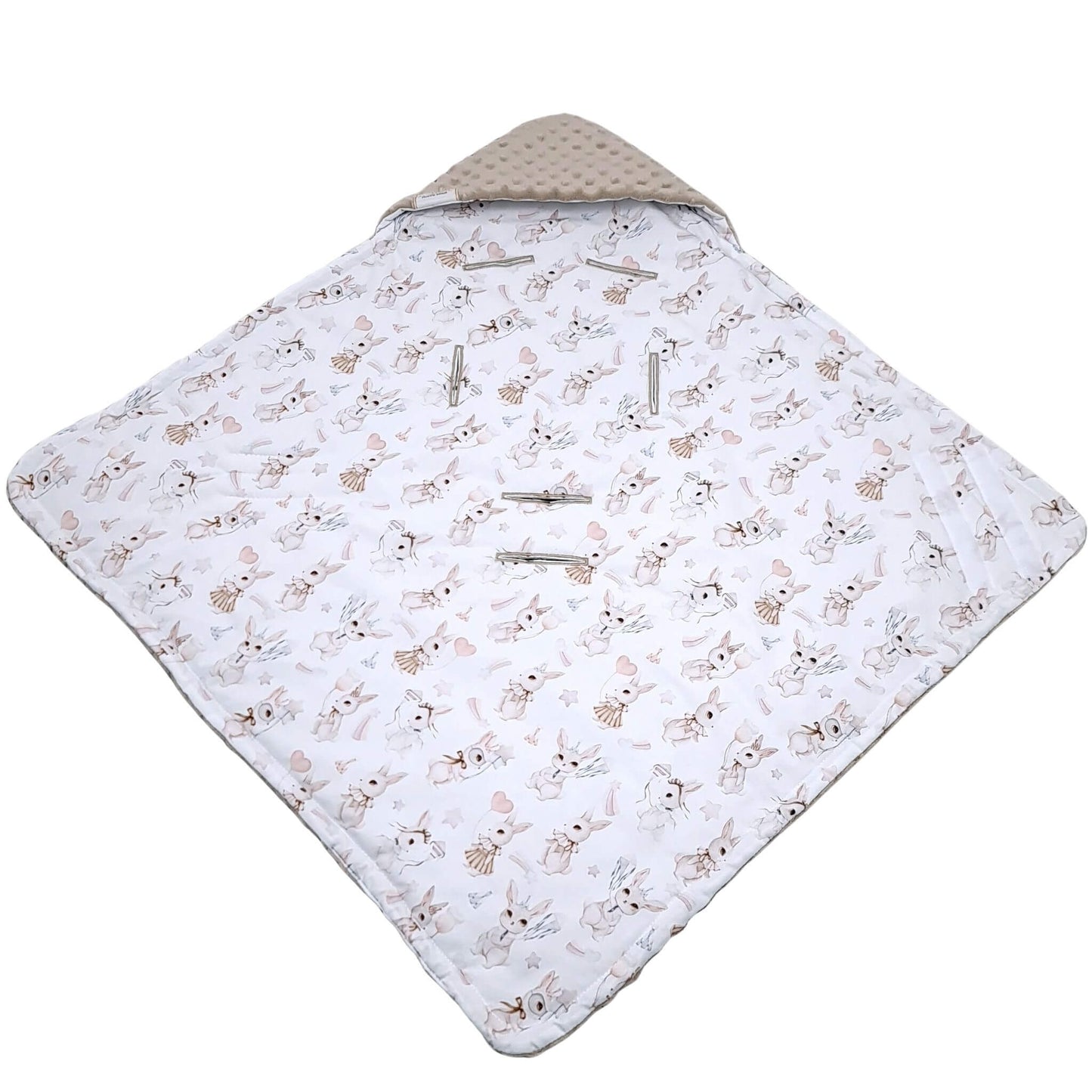 Hood detail of Evcushy Retro Bunny Car Seat swaddle Blanket for added warmth and comfort with holes for harness