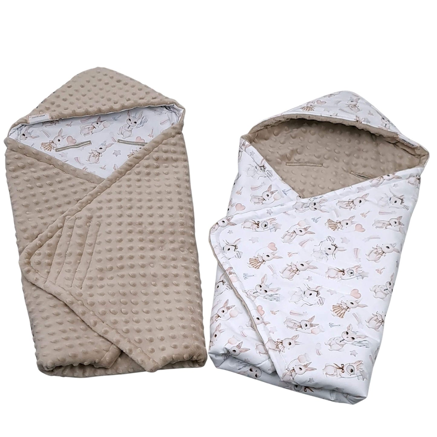 Double-sided Evcushy Retro Bunny Blanket with cosy hood showing bunny cotton and taupe minky plush for infants