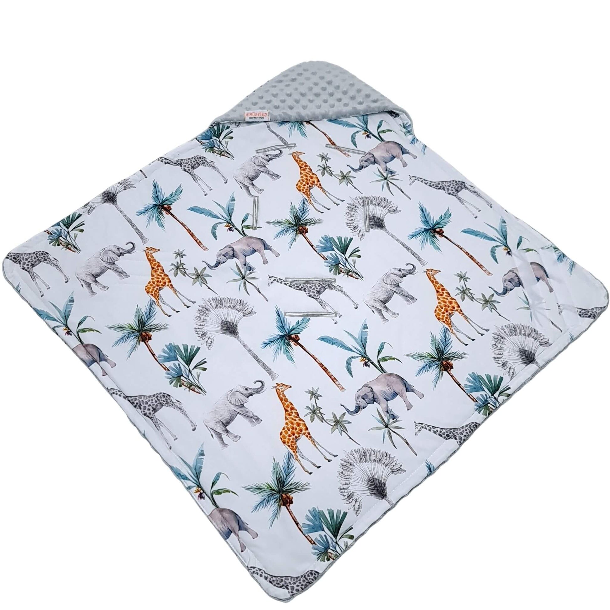 Evcushy Safari Adventure car seat blanket newborn safety and comfort featuring safari animals elephants giraffes