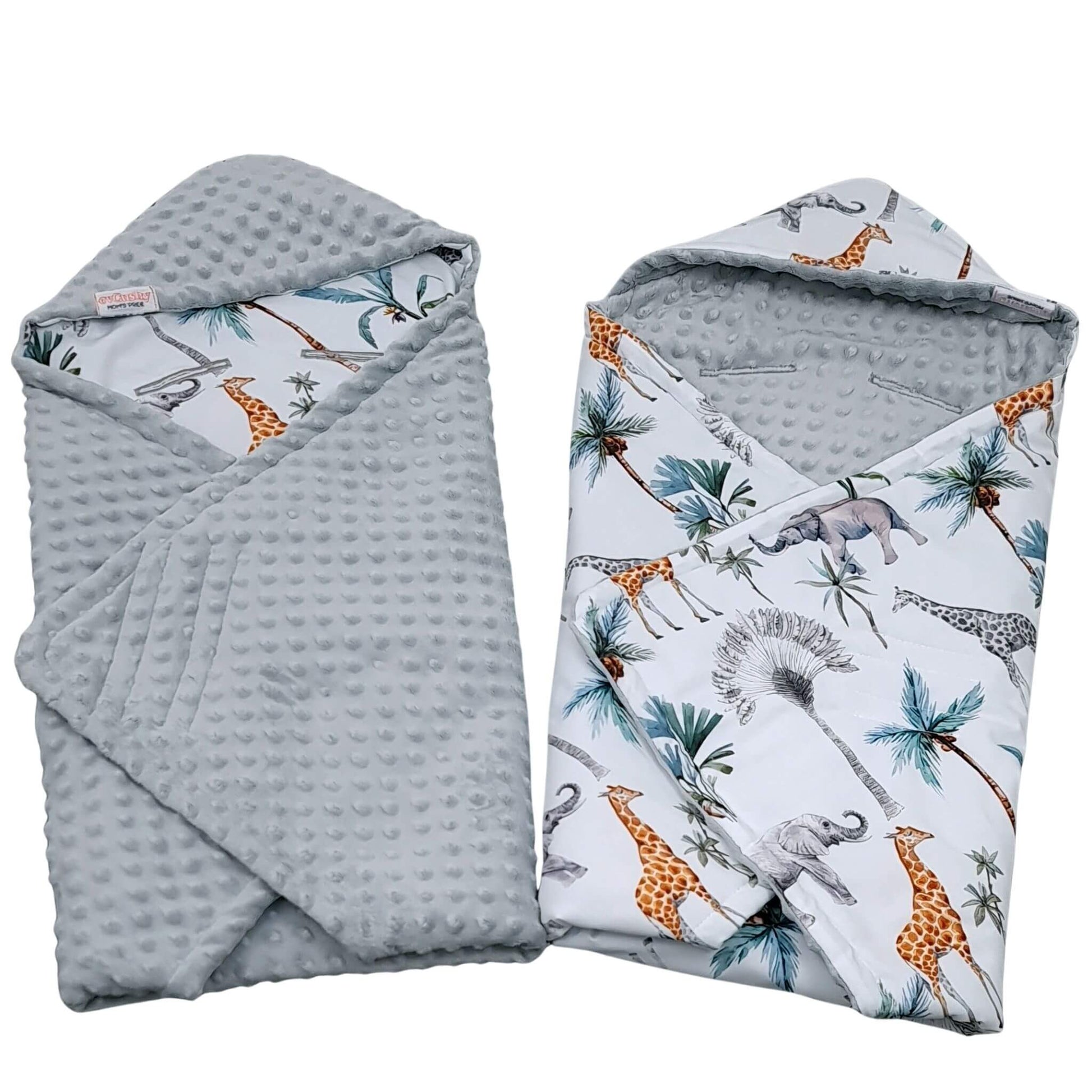 Evcushy Safari Adventure baby car seat blanket showing safari animal cotton print and soft grey dimple fleece reverse