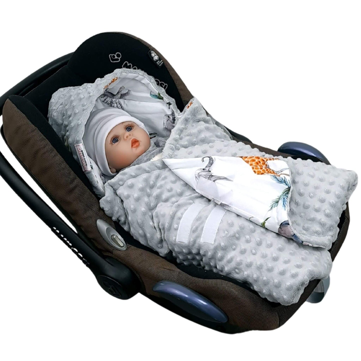 Close-up of Evcushy Safari Adventure hand made car seat blanket with secure Velcro fastening for easy wrapping and temperature control
