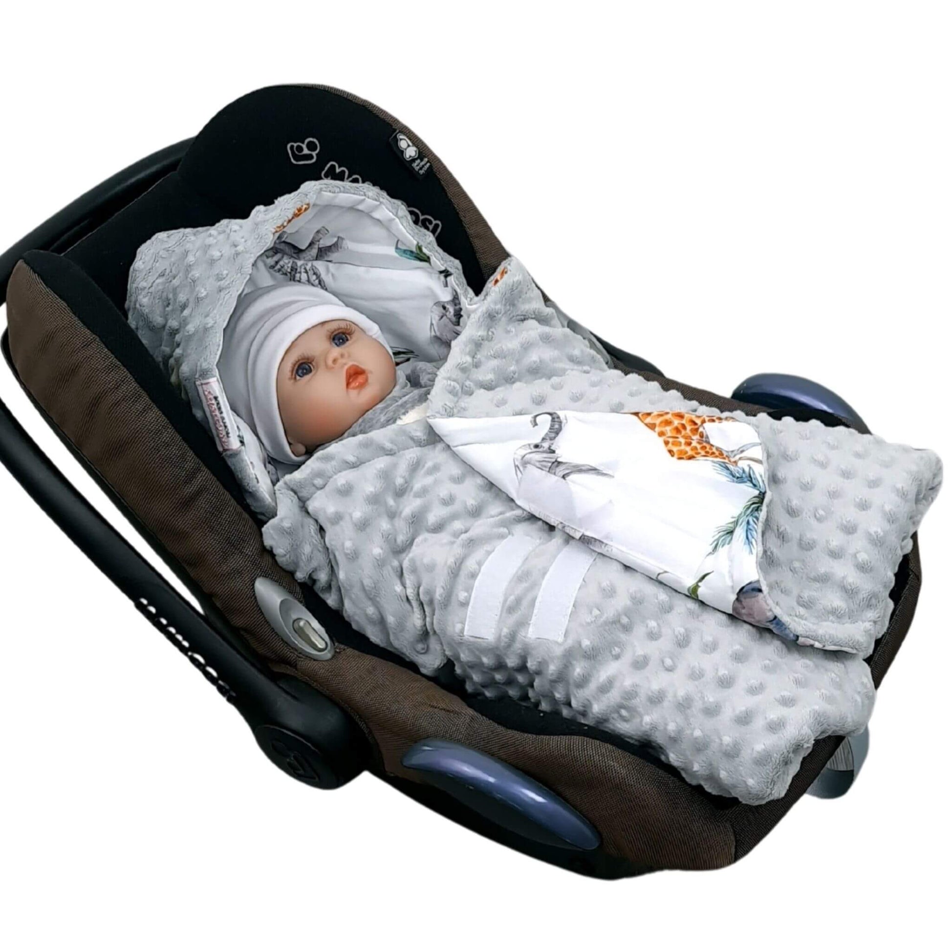Close-up of Evcushy Safari Adventure hand made car seat blanket with secure Velcro fastening for easy wrapping and temperature control
