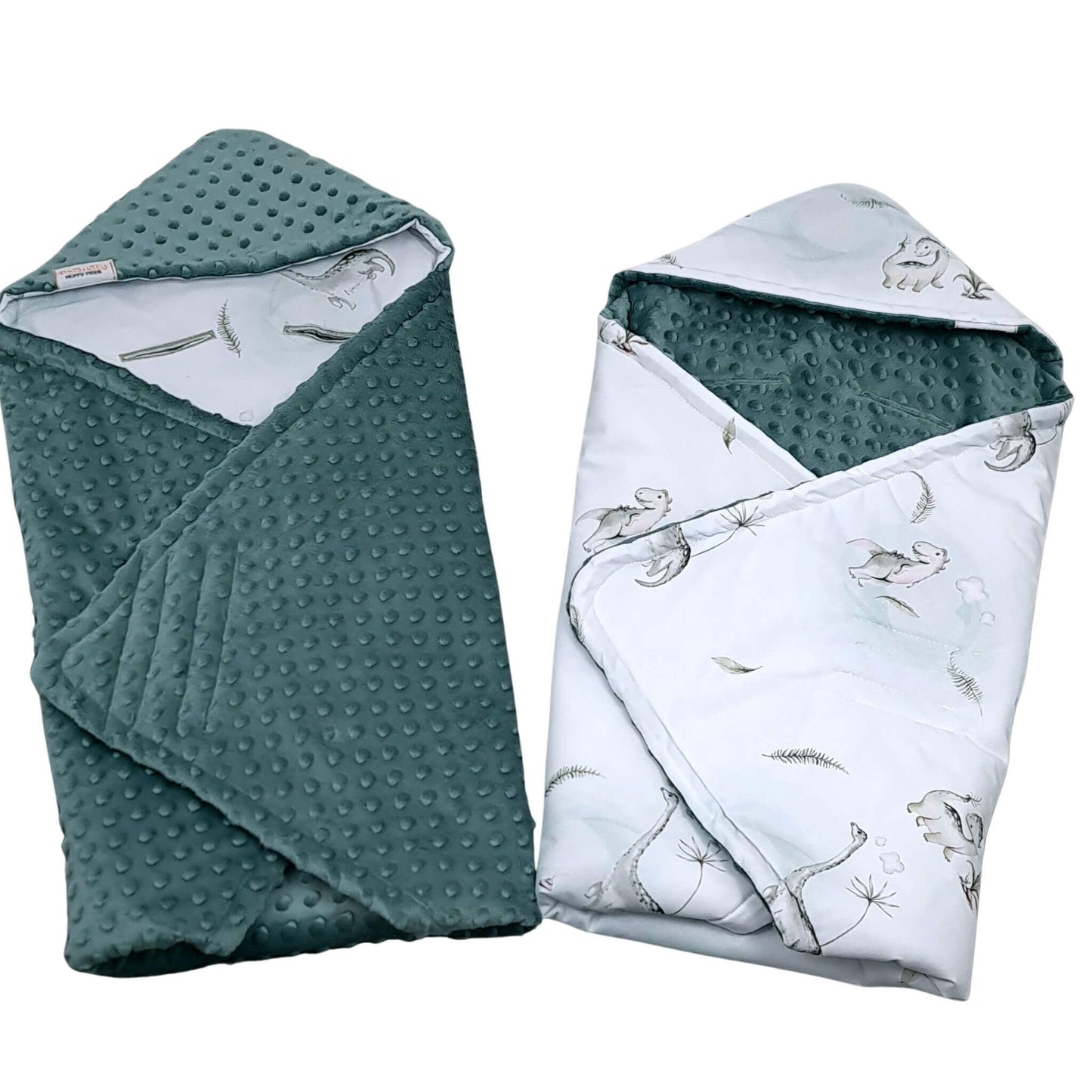 Evcushy Tiny Roars double-sided car seat blanket showing soft green dimple fleece and dinosaur cotton print