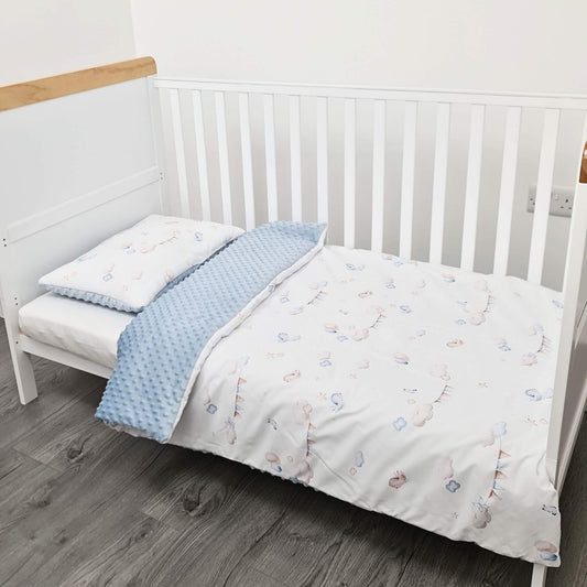Evcushy Up in the Sky toddler bedding set with clouds, balloons, and dreamy sky print with blue texture minky