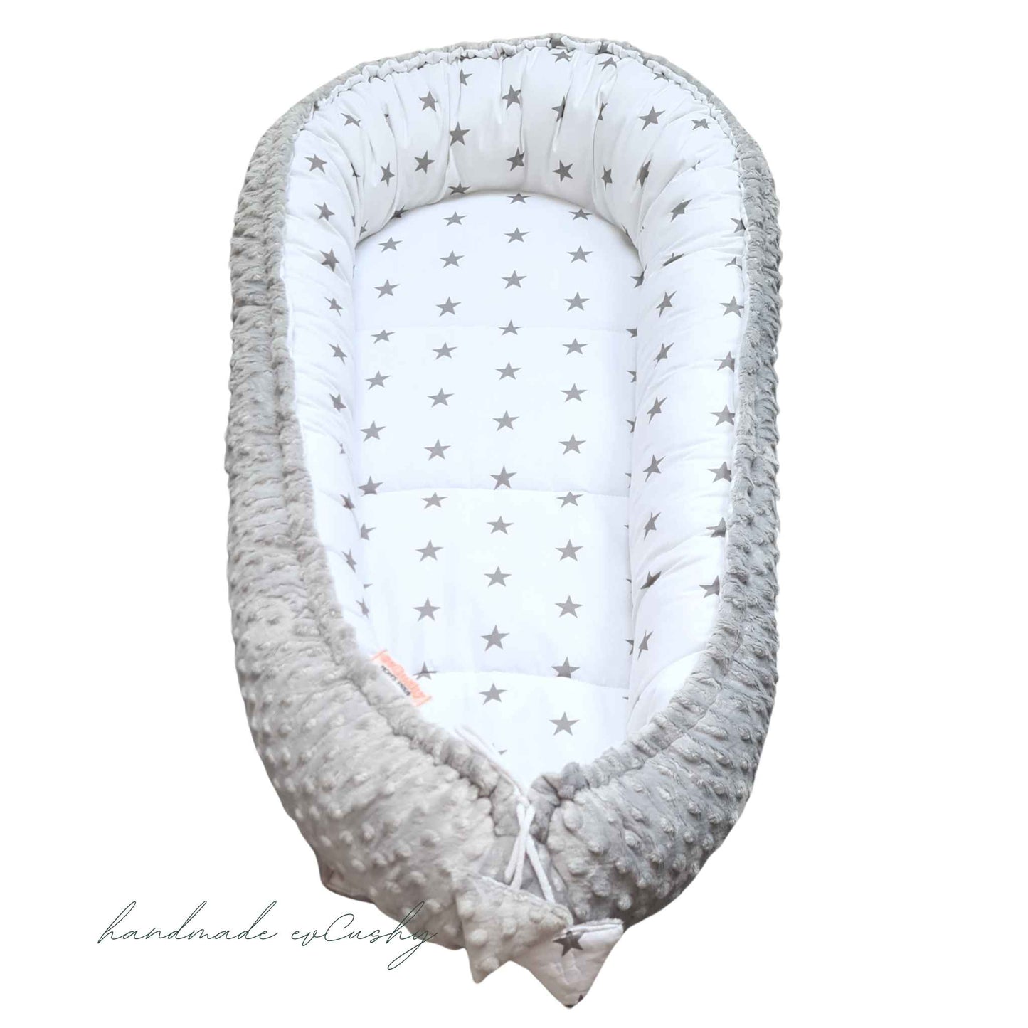 best baby nest with pillow and blanket white with grey stars and grey dimple fleece on reverse evcushy