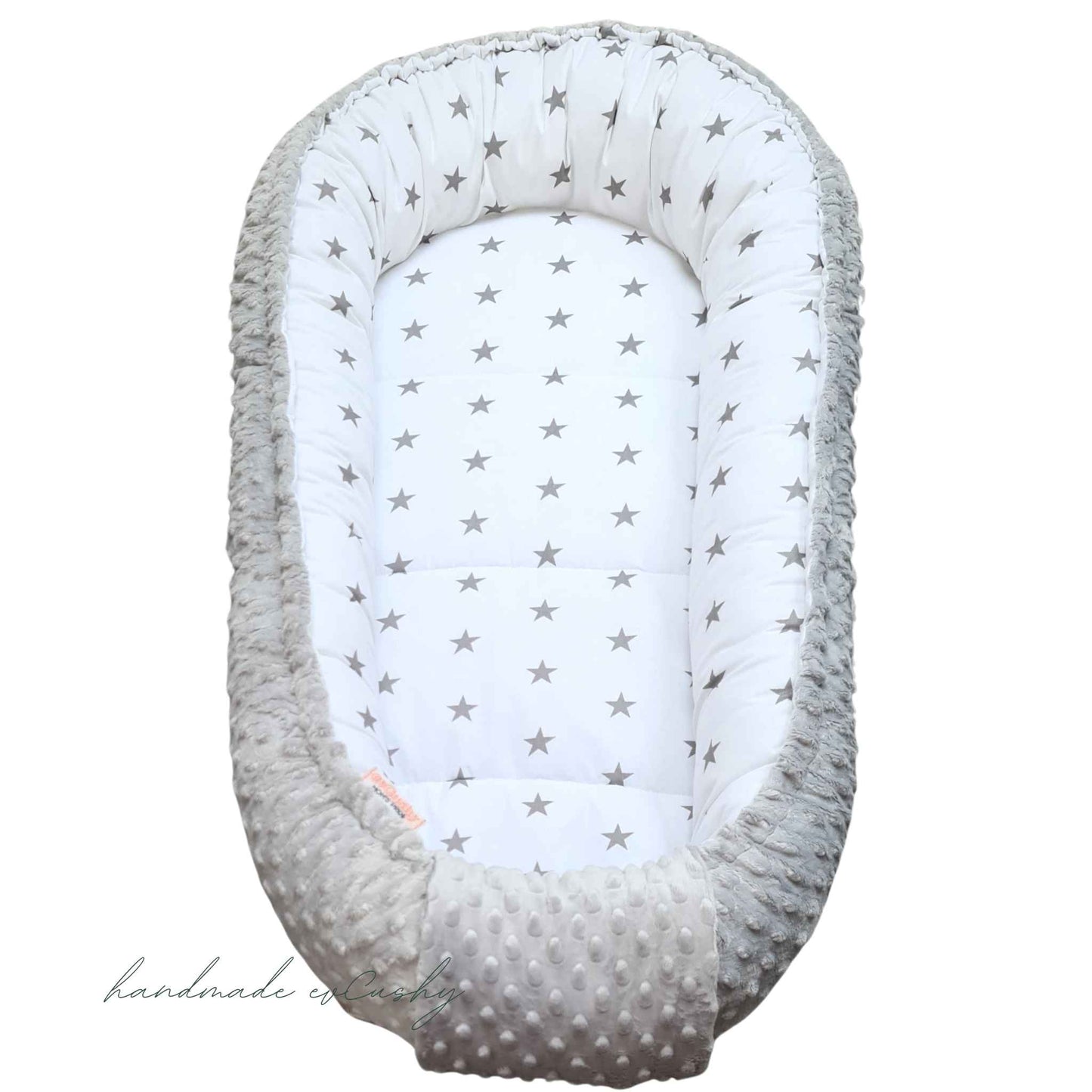 best baby nest with pillow and blanket white with grey stars and grey dimple fleece on reverse evcushy