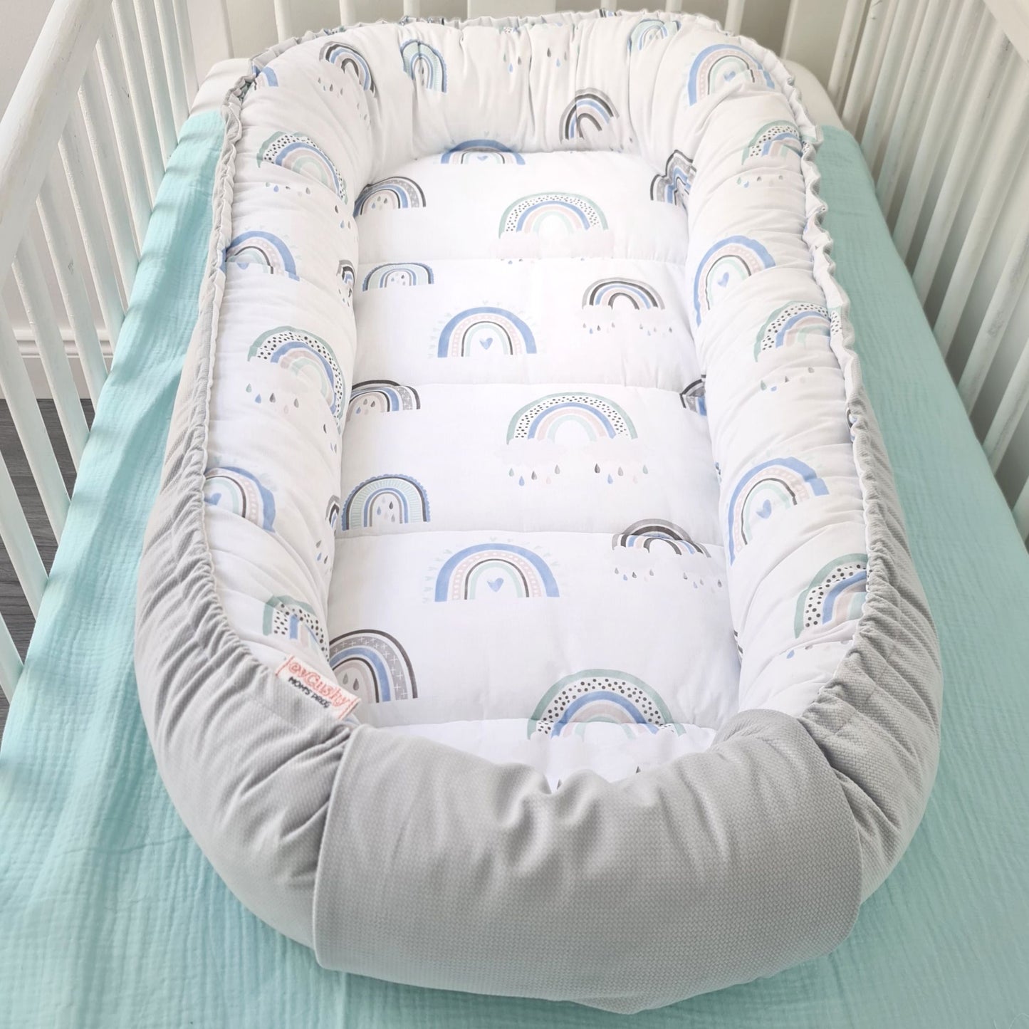 Baby Sleep Pod Nest XXL Grey Rainbows New Design