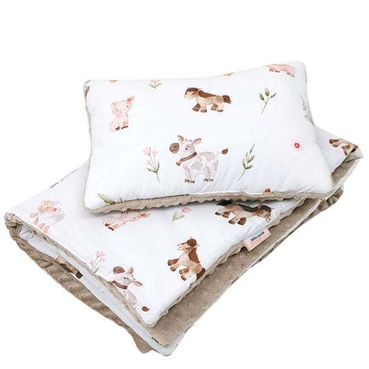 Handmade baby bedding set for crib featuring adorable farm animals with soft mocha plush backing, perfect for cozy farm-themed nurseries.