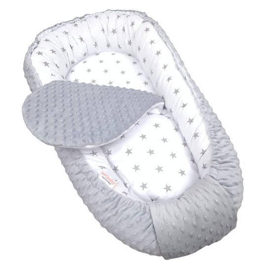 Baby nest with removable liner in white cotton with grey stars and soft grey minky – comfortable newborn sleeping pod by Evcushy
