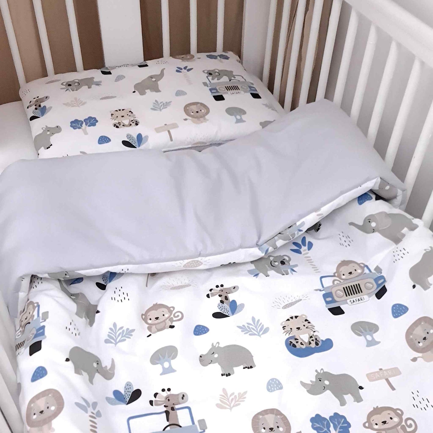 kids bedding with filling 100% cotton blue grey safari jeep pattern evcushy 1-5 years