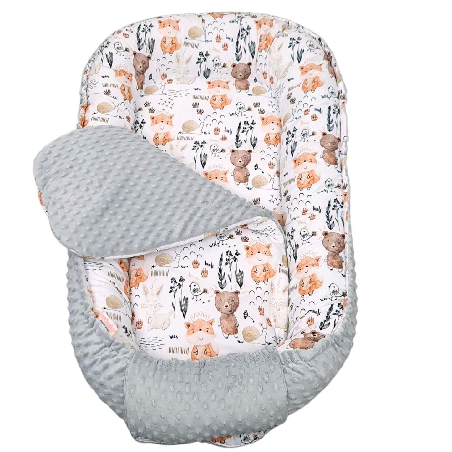 Baby bouncer  nest with teddy bear woodland animals and floral pattern on a white background