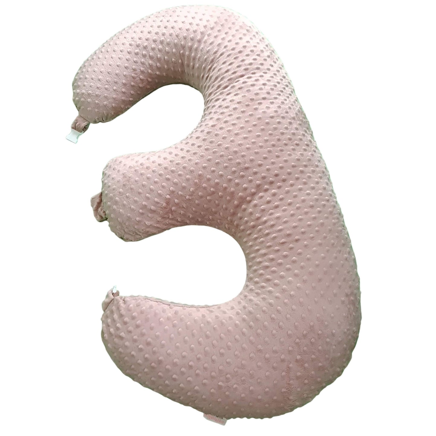 Pink textured U-shaped pillow on a white background best for feeding twins pillow with zip cover easy for maintnance