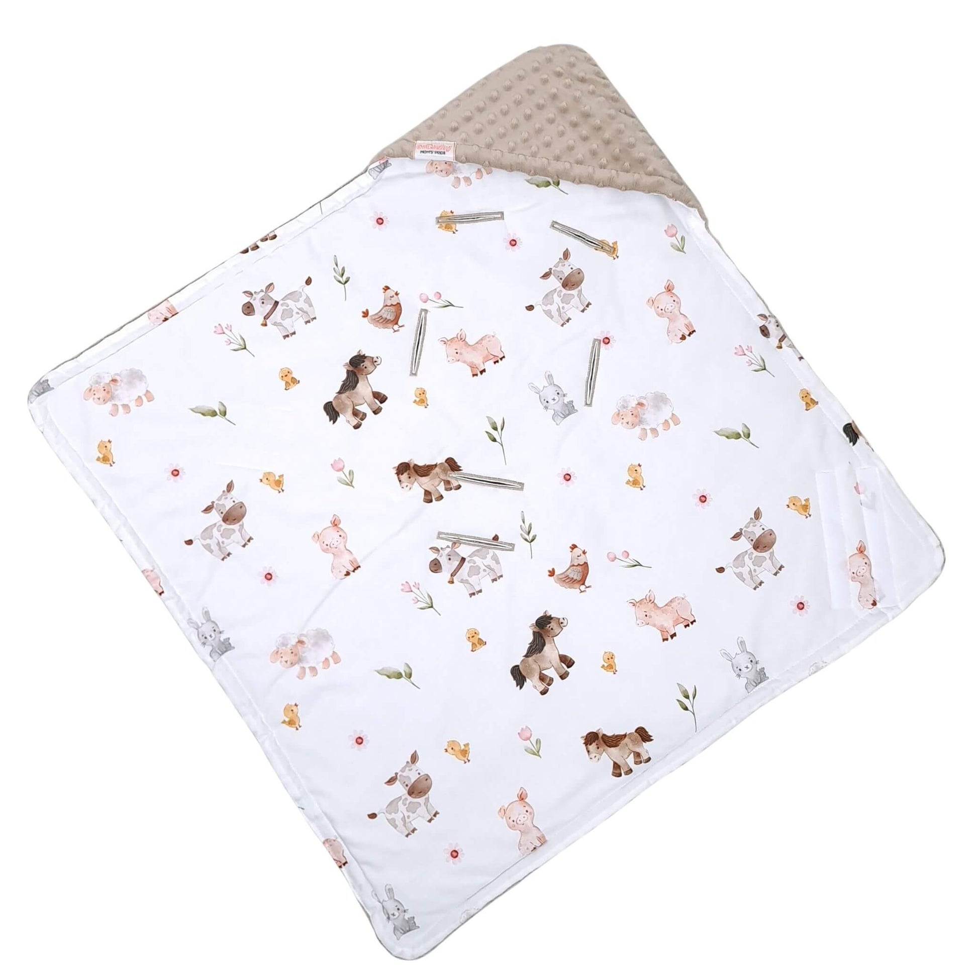Evcushy Little Farm Friends Blanket – mocha fleece side shown with holes for car seat harness