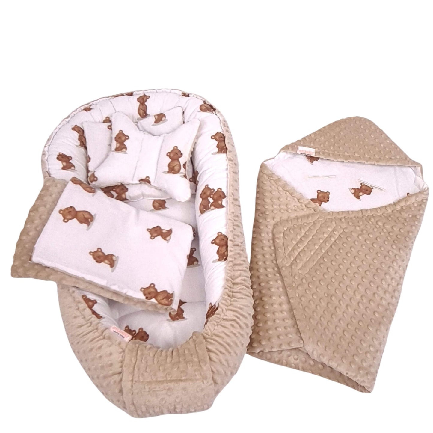 newborn baby gift set unisex gender neutral cosy nest and car set blanket beige plush and teddy patern cotton 0-9 months