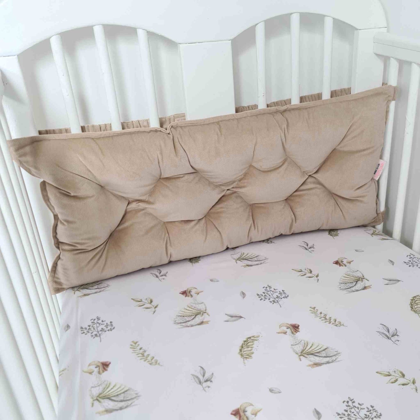 padded headboard cushion for cot bed with ties velcro fastening beige