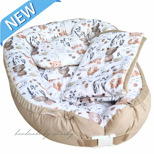 play and rest pod baby nest with quilt and pillow cosy velvet and cotton beige forest pattern evcushy