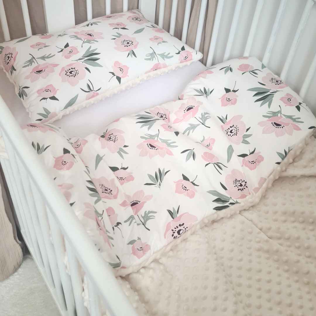 quilt with pillow or children up to 5 years cream plush and flowers pattern pink poppies 100% cotton evcushy