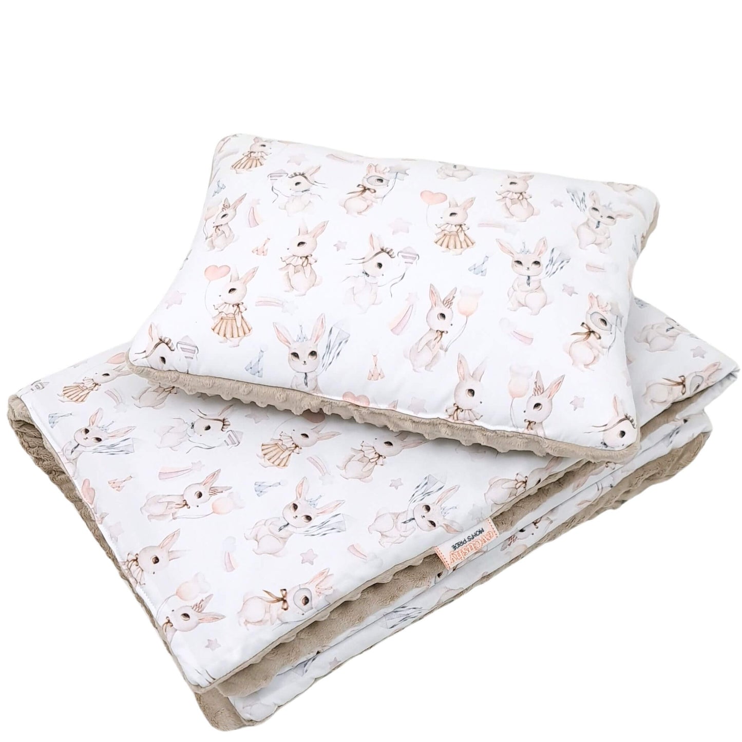 Taupe minky baby quilt and pillow set with retro-style bunny print. 1-2 years