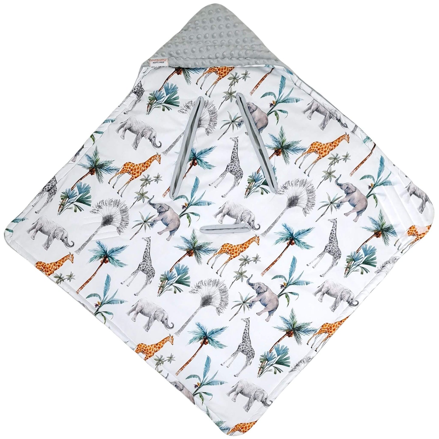 Safari print baby car seat blanket placed in infant car seat, breathable cotton with elephants and giraffes, grey plush reverse, 5-point harness compatible.