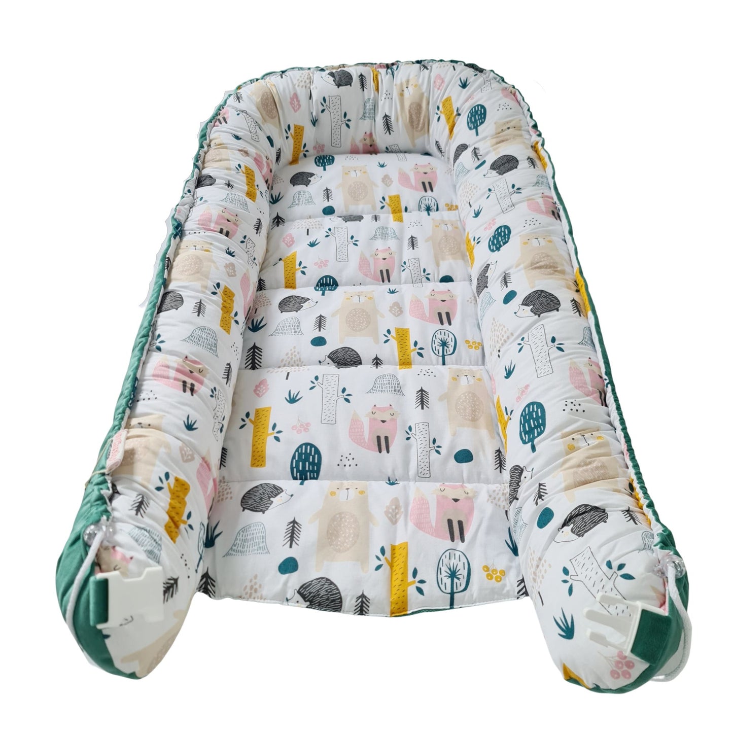 evcushy nest for baby and toddlers woodland pattern green