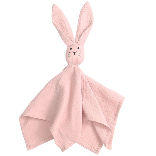 Pink bunny-shaped baby comfort blanket Soft pink muslin baby comforter with bunny head – Evcushy