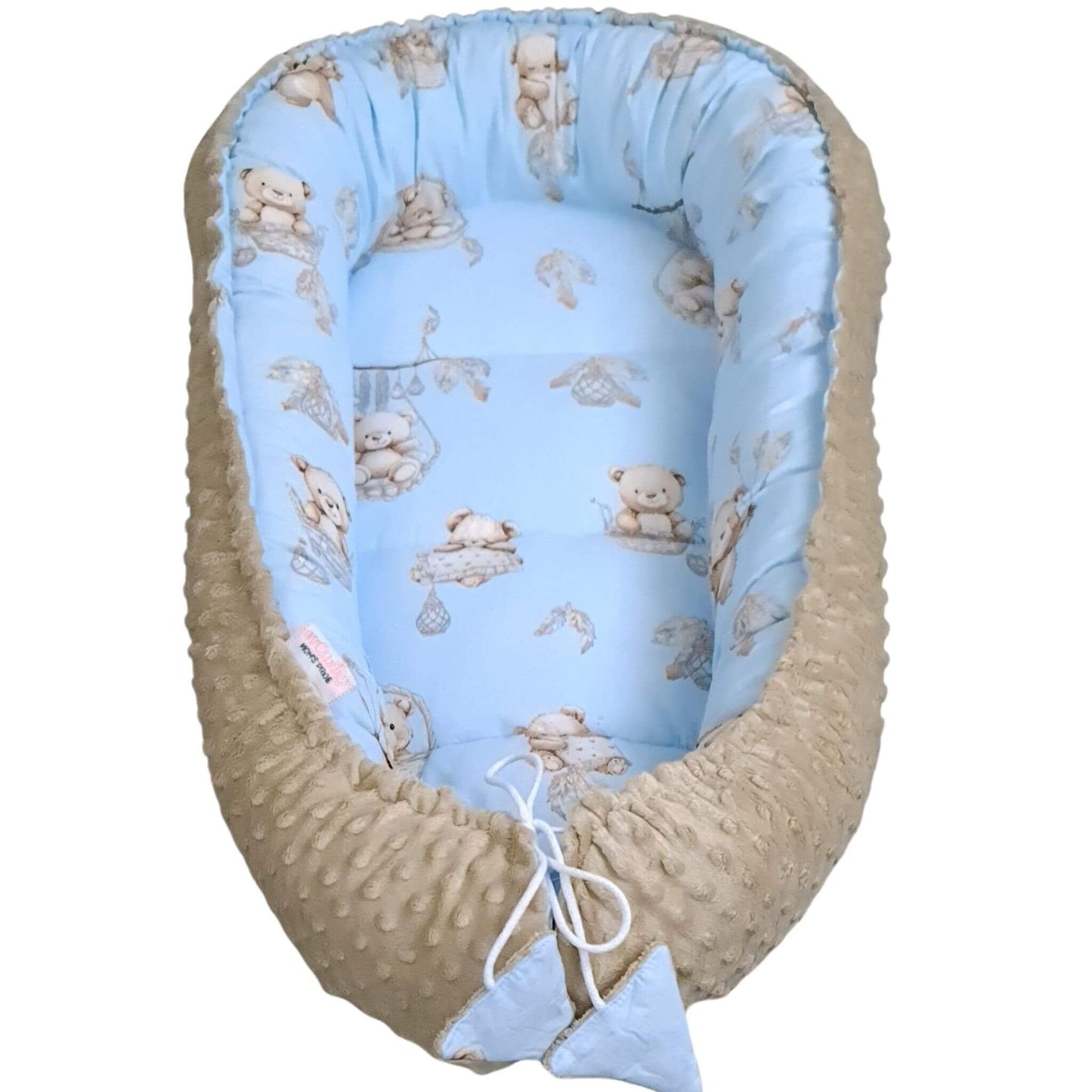 Baby nest with blue fabric and teddy bear pattern two tones baby nest for sleeping resting and lounging sleep aid