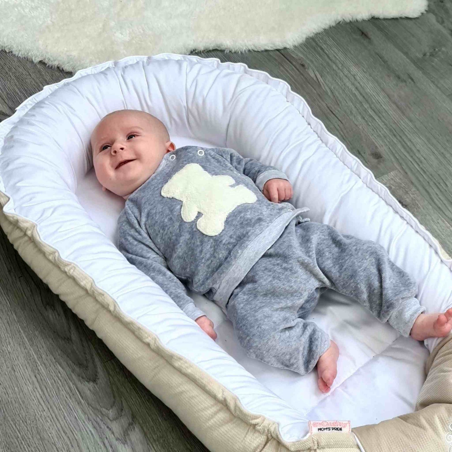 unisex baby clothes tracksuit top and bottom grey soft velour cotton material evCushy