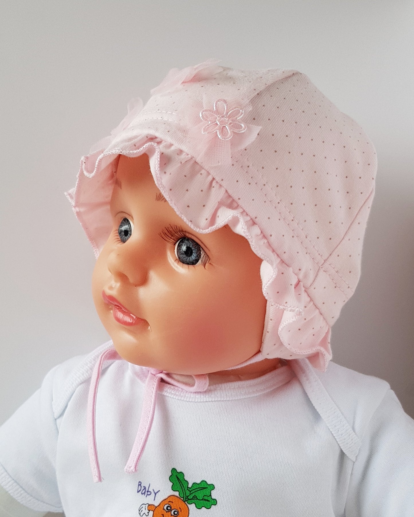 Baby Girl Hat Bonnet Style Cotton In Pink and Cream Colour