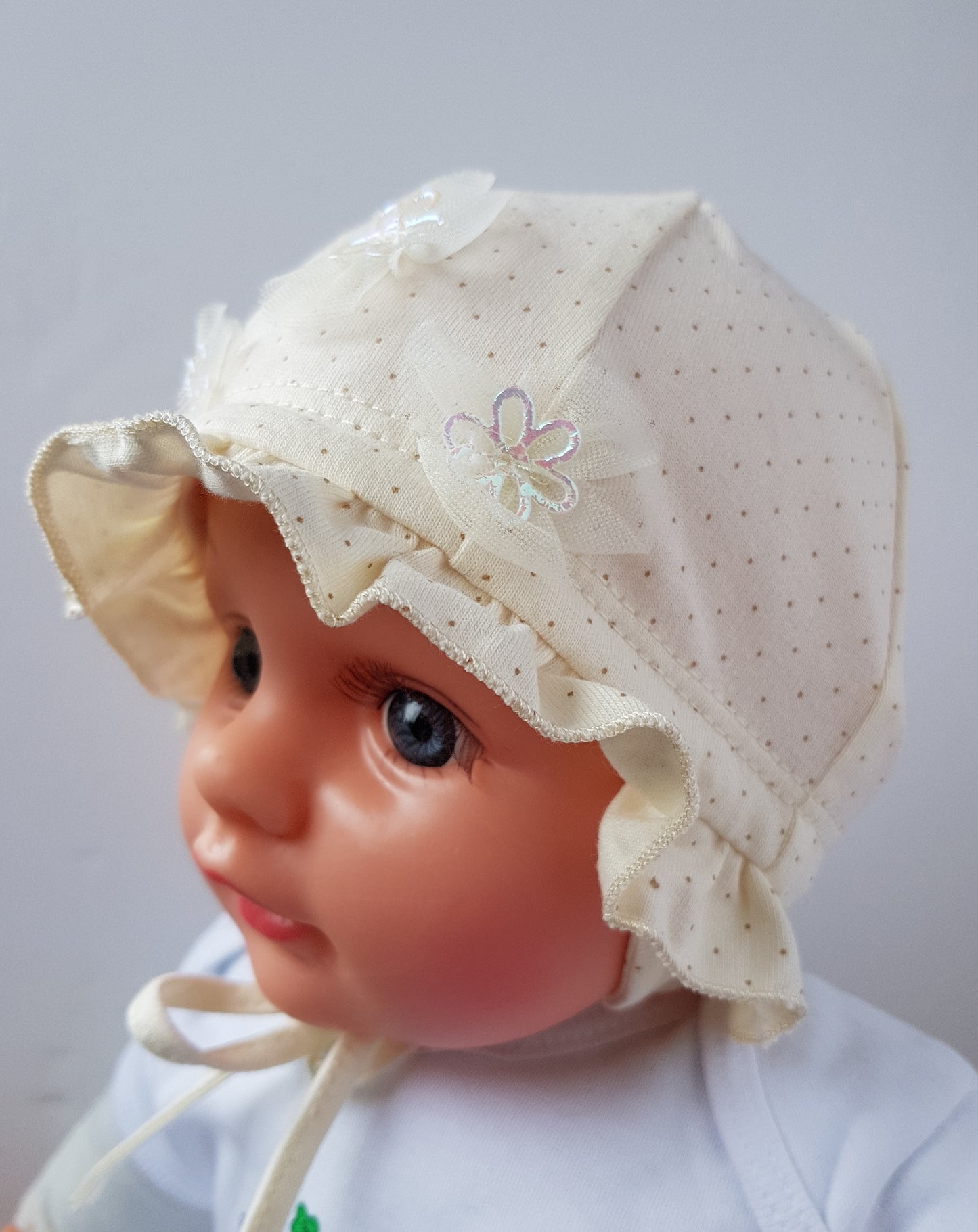 Baby Girl Hat Bonnet Style Cotton In Pink and Cream Colour