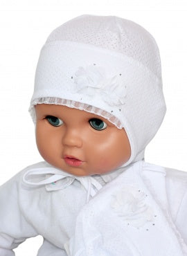 Baby girl hat tie cap string laces flower white infant newborn