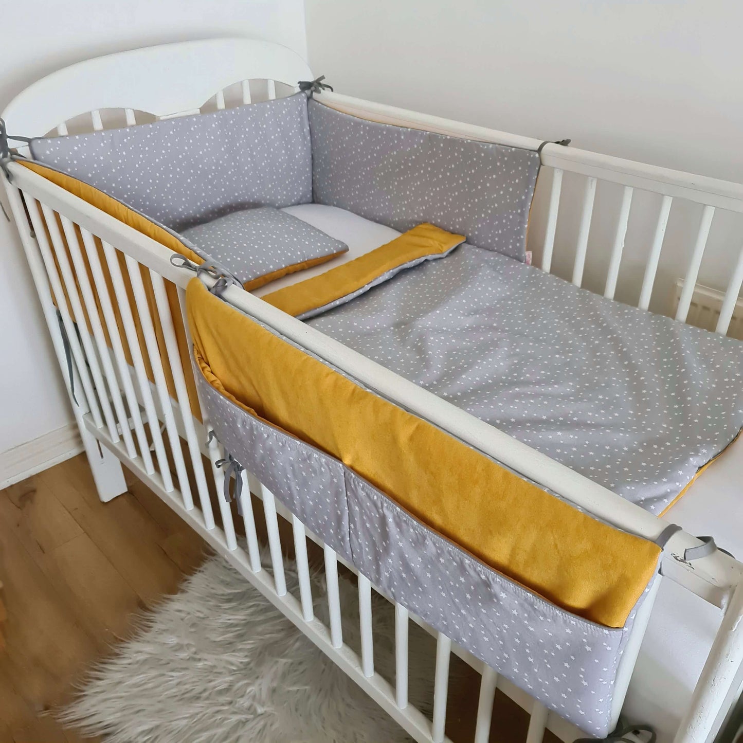 Cot Bumper 180cm 210cm Mustard and Grey with Stars
