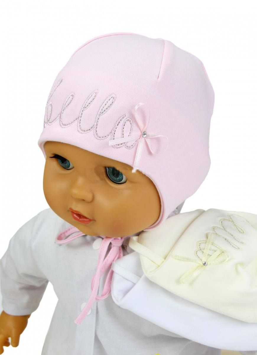 Baby Girl Hat Pink White Cream Cotton With Bella Embroidery