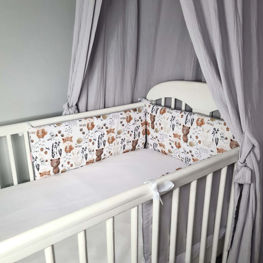 beige and grey cotton bumpers for baby bed forest animals