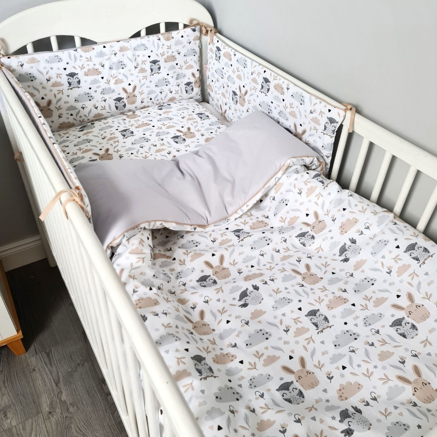 Quilt and pillow for kids toddlers duvet bumper for cot bed owls grey