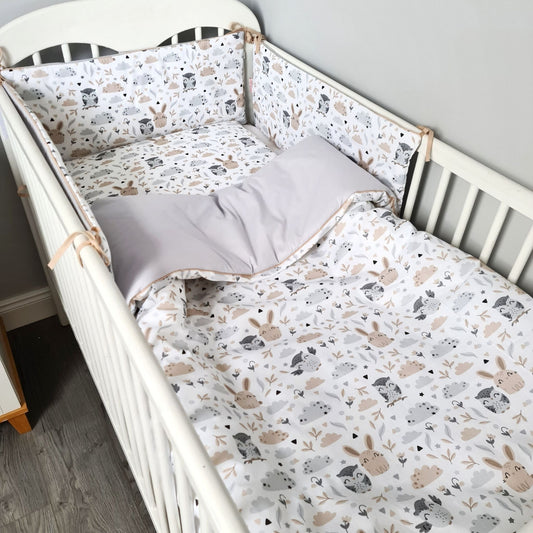 Quilt and pillow for kids toddlers duvet bumper for cot bed owls grey