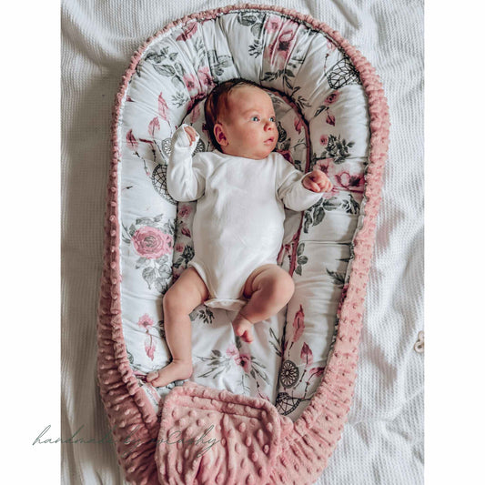 handmade baby nest sleep pod in pink for newborn baby from evcushy in Ireland