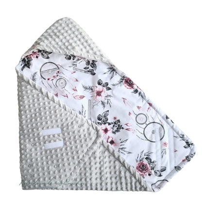 Car seat blanket for Newborn with hood grey fleece on the front dreamcatchers pattern inside