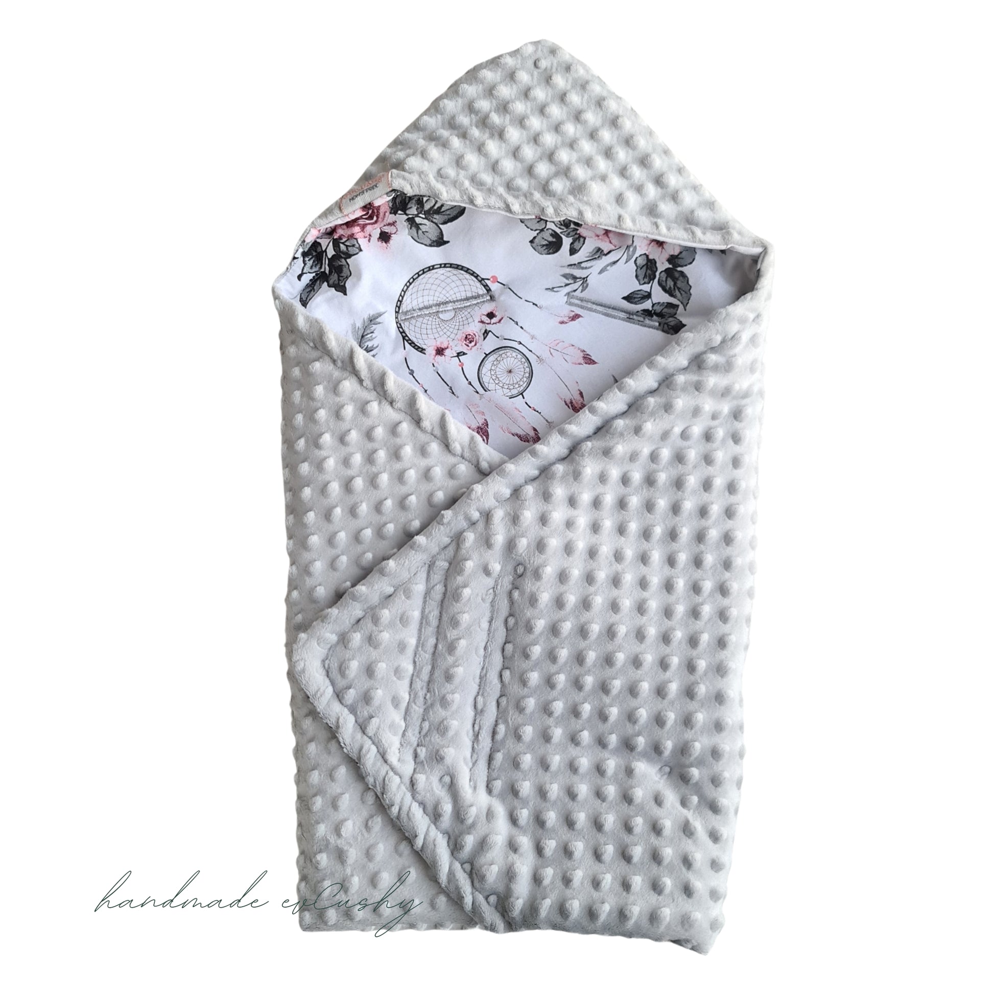 Cosy infants car seat blanket grey on the outside purple and grey floral pattern inside