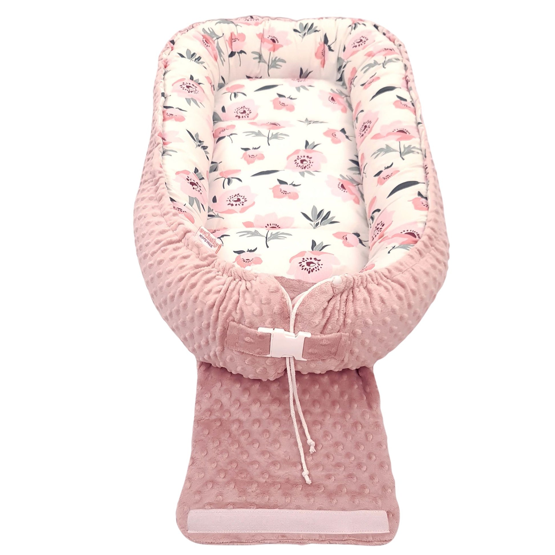 Adjustable baby nest with secure buckle and covered drawstrings 6-36 months pink floral pattern