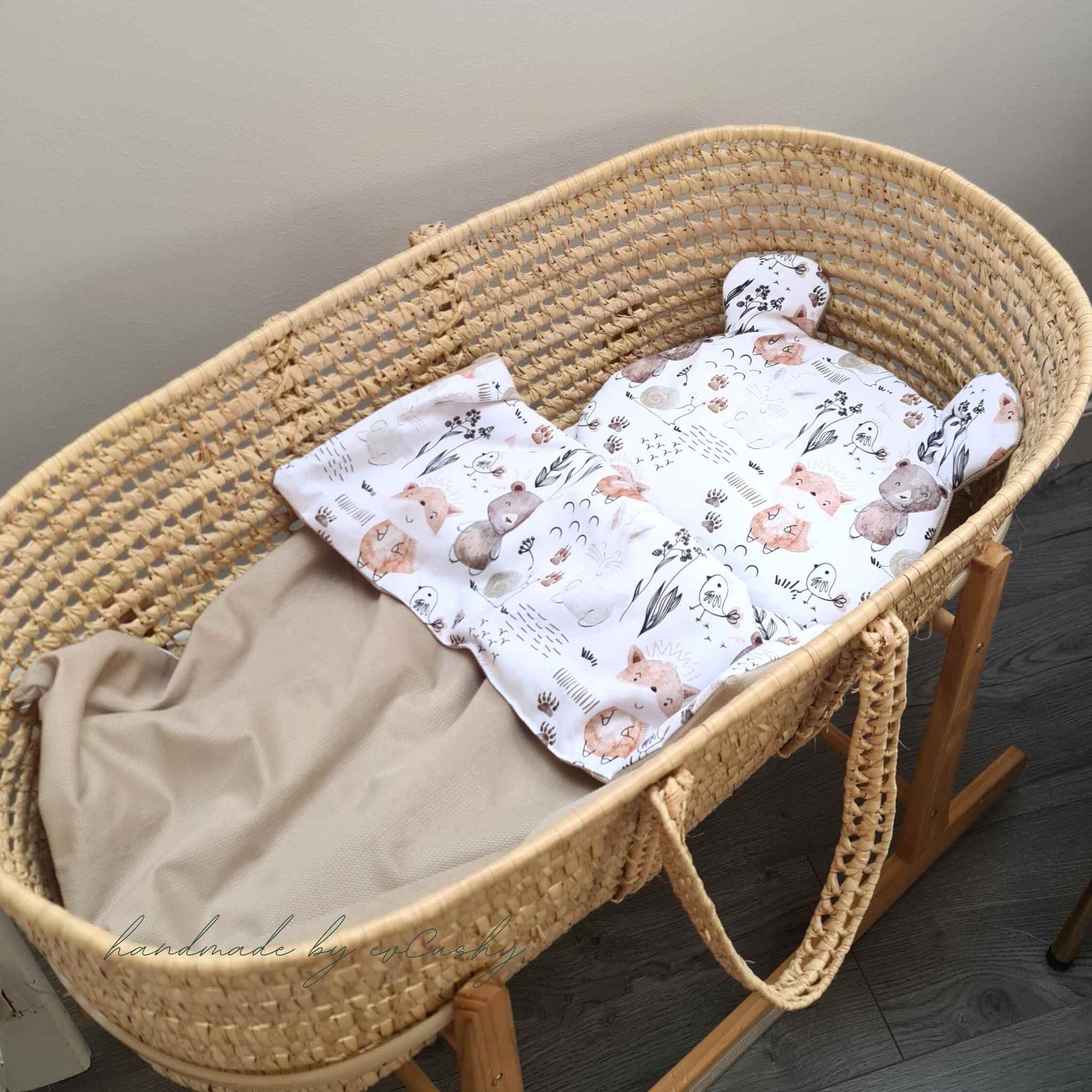 baby bedding set for moses basket beige with forest animals cotton and velvet evcushy