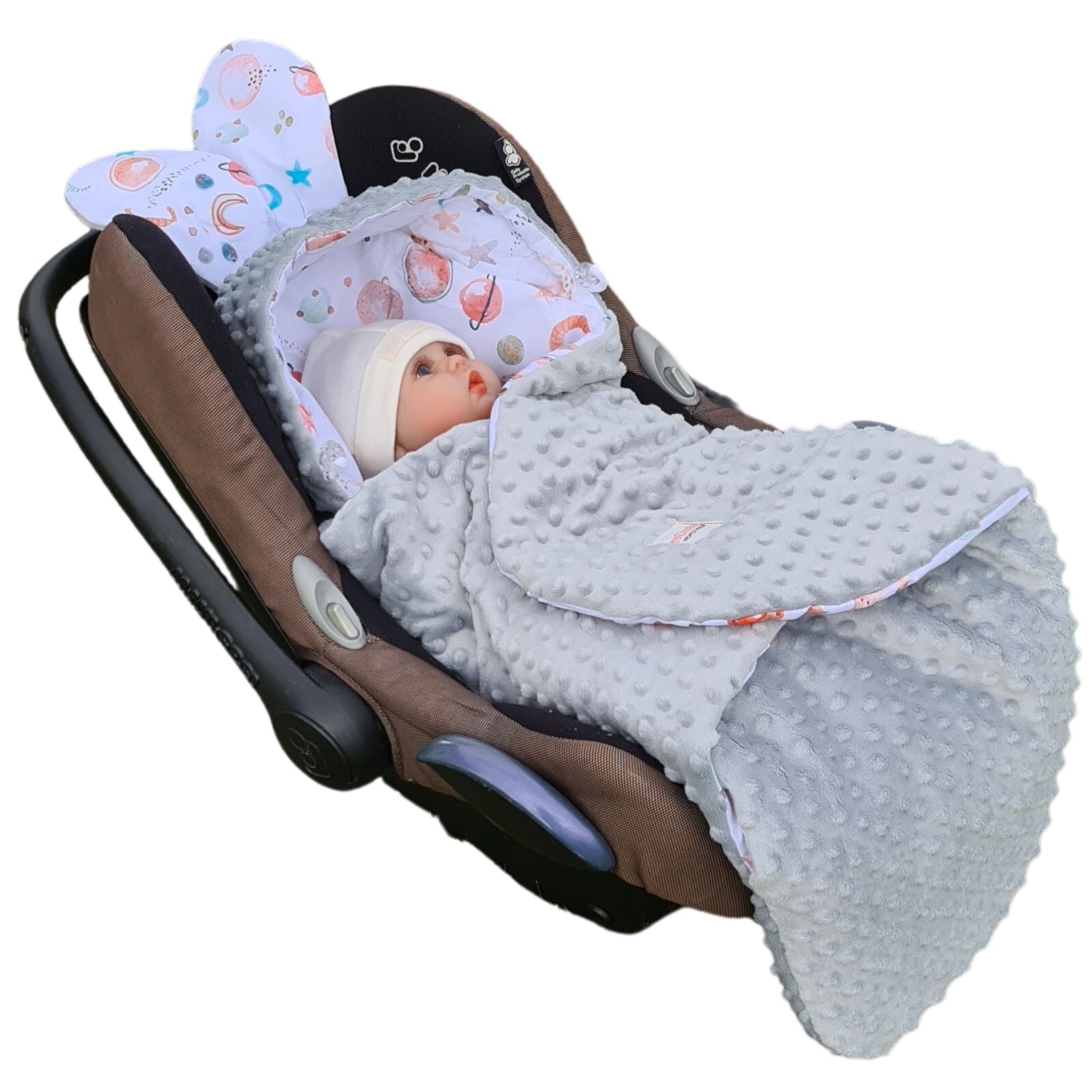 warm cosy blanket for car seat and strollers with hood planets stars moons