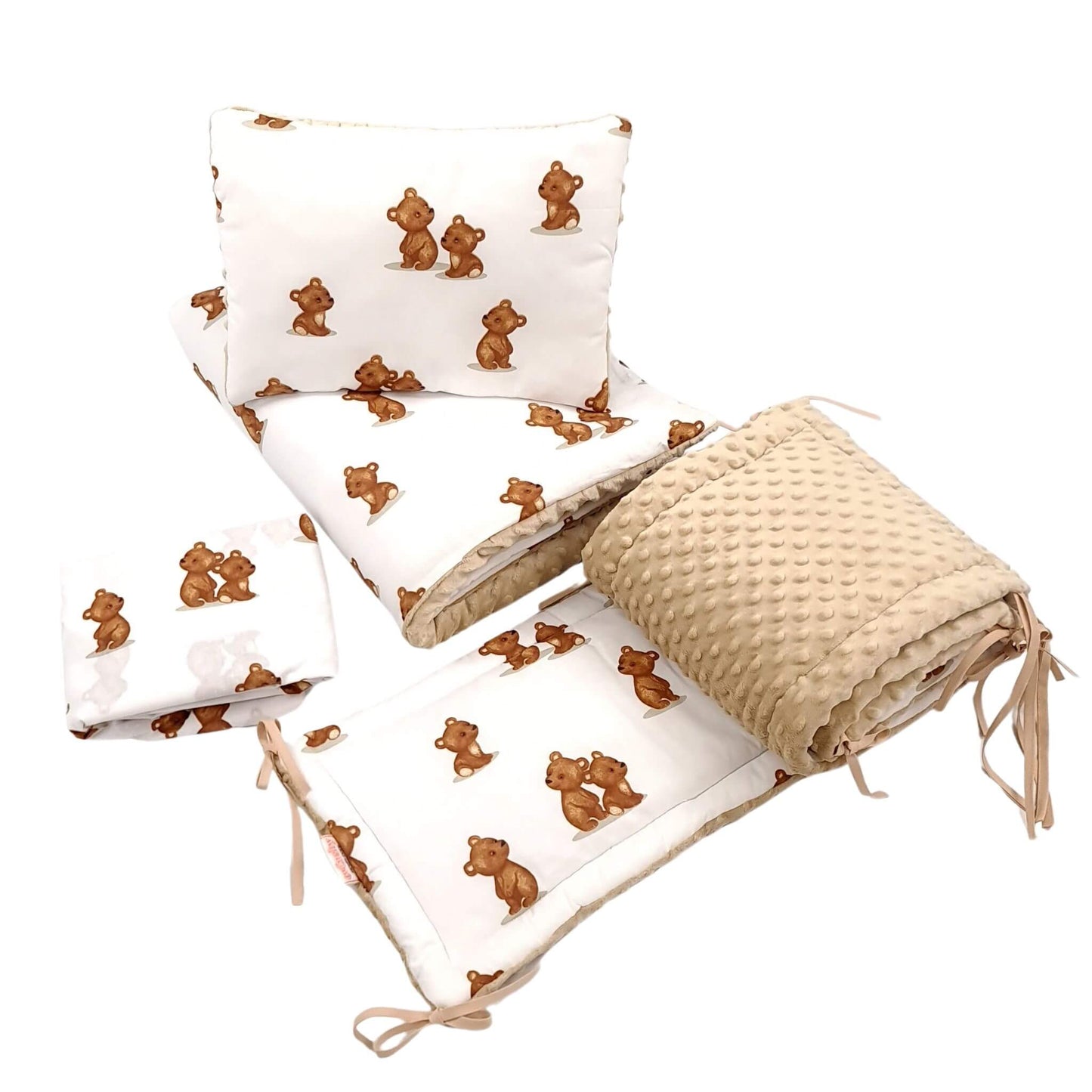 Evcushy Baby Bedding Bundle – Teddy Bear Hug Collection. A 4-piece baby bedding set featuring a duvet, pillow, cot bumper & fitted sheet, made from 100% breathable cotton with plush beige minky fabric on the reverse, perfect for a cozy, safe nursery.