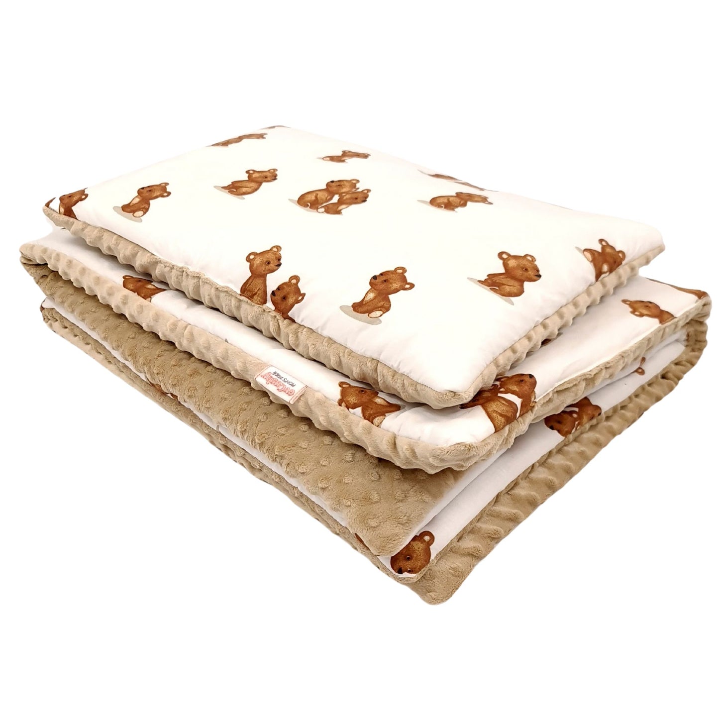 Evcushy Baby Bedding Set – Teddy Bear Hug Collection, all-in-one quilt & pillow set for toddlers. Soft cotton with cute teddy bears on white, plush beige minky reverse for cozy sleep.