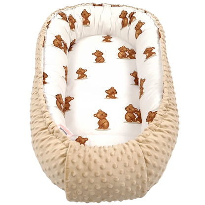 Evcushy Baby Nest Pod – Teddy Bear Hug Collection with soft beige minky plush and cotton teddy bear print 0-9 months