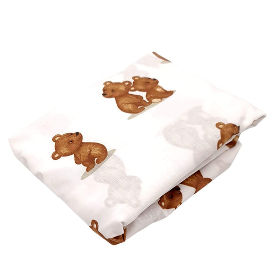 Evcushy Fitted Cot Bed Sheet – Teddy Bear Hug Collection. Soft cotton with adorable teddy bears on white, breathable