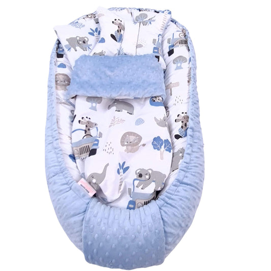 Evcushy Baby Nest with butterfly pillow and quilt in safari animal print