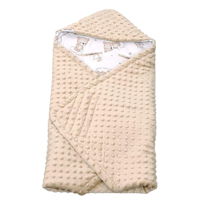 Folded view showing teddy bears on the cloud with rainbows pattern and mocha minky reverse swaddle for newborn