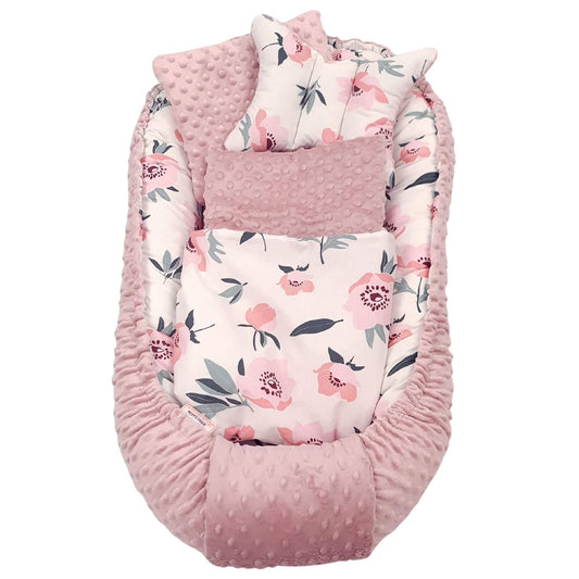 Newborn Baby Nest 5-Piece Set in Pink Poppies & Blush Pink Plush – Cozy and Stylish Bedding 0-9 MONTHS