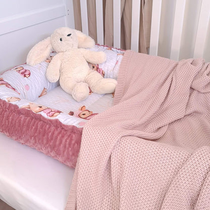 Snuggle & Play Big Baby Pod  XXL  6-36 Months  Pink bunnies Bliss wit pink bamboo blanket and bunny rabbit toy